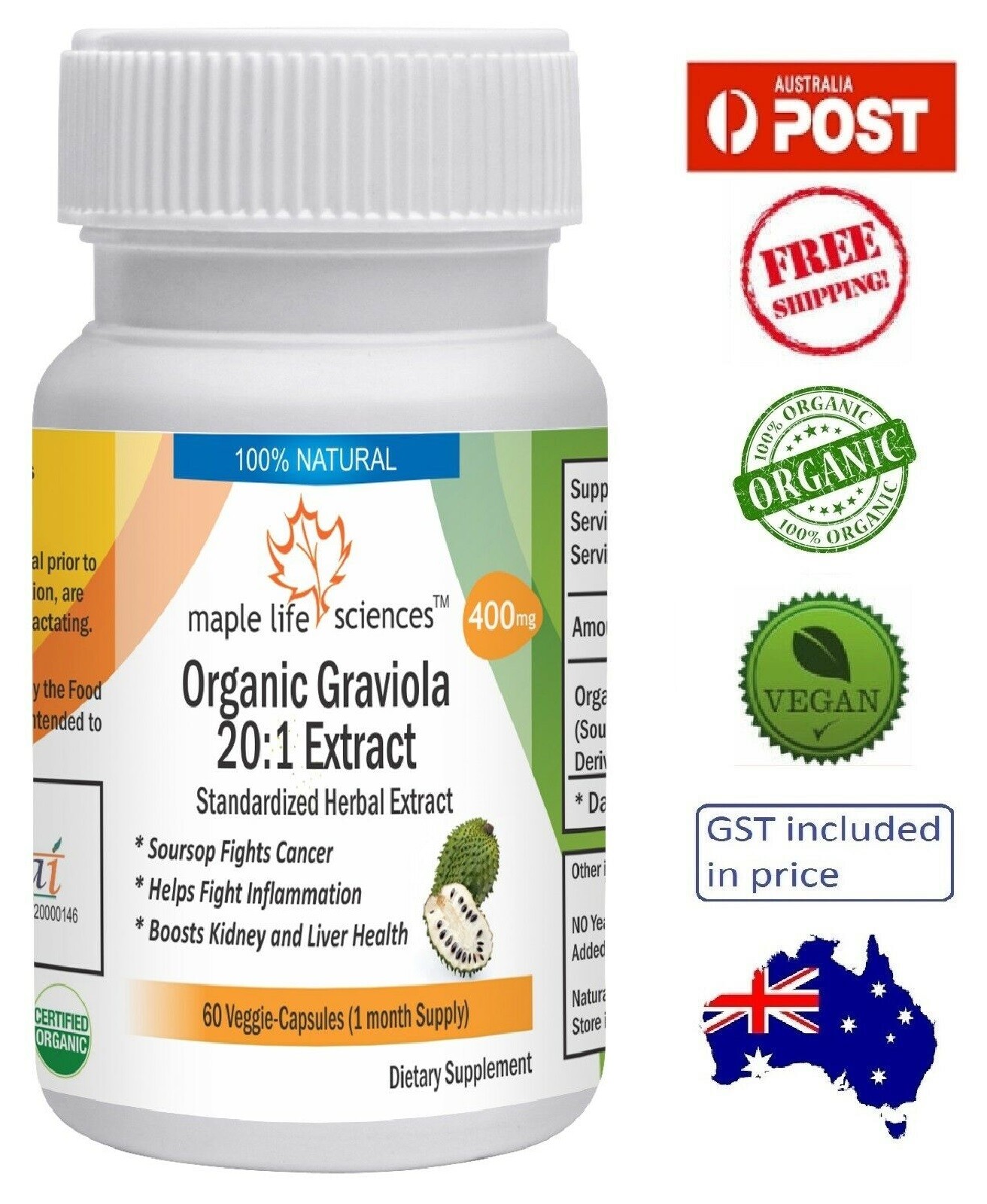 Organic Graviola 20:1 Extract Capsules (Soursop Extract) – 400mg – AU Stock
