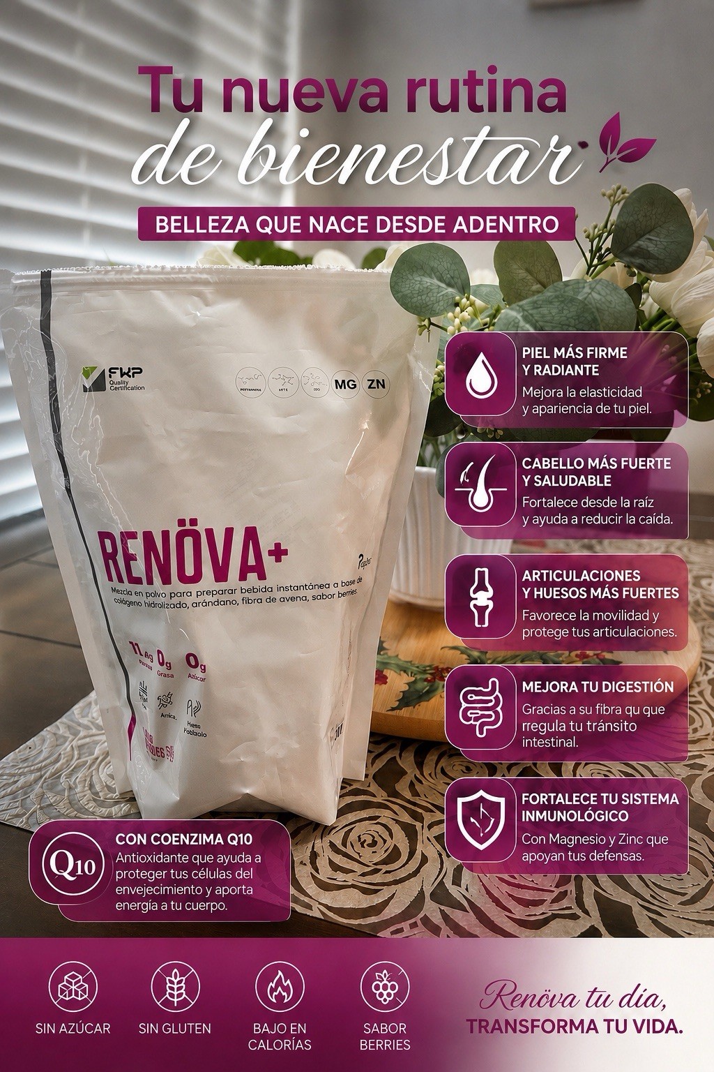 RENÖVA+ Hydrolyzed collagen with Active Biopeptides,sugar-free strawberry- 315g