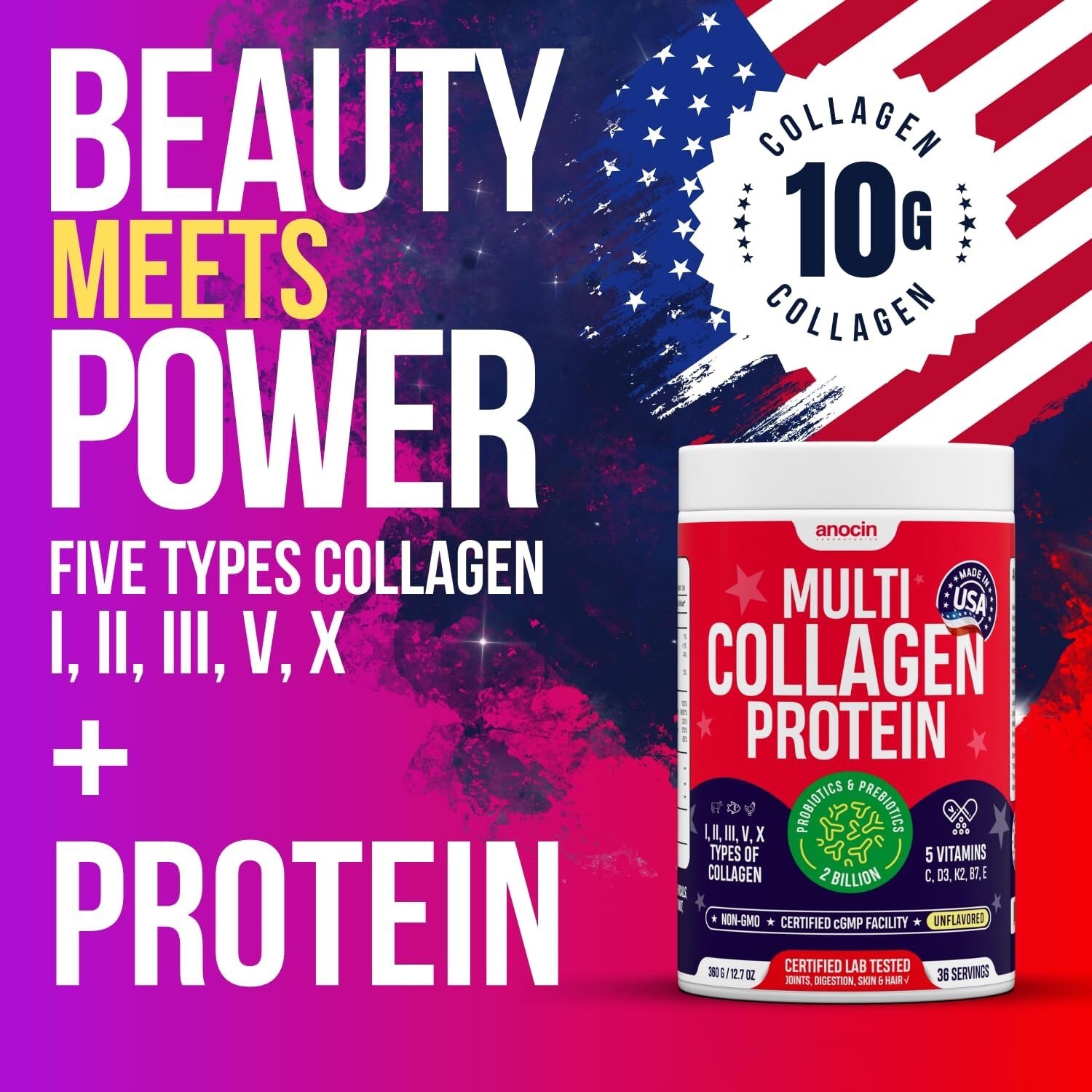 Multi Collagen Peptides with Probiotics + Type I, II, III, V, X + Hydrolyzed Col