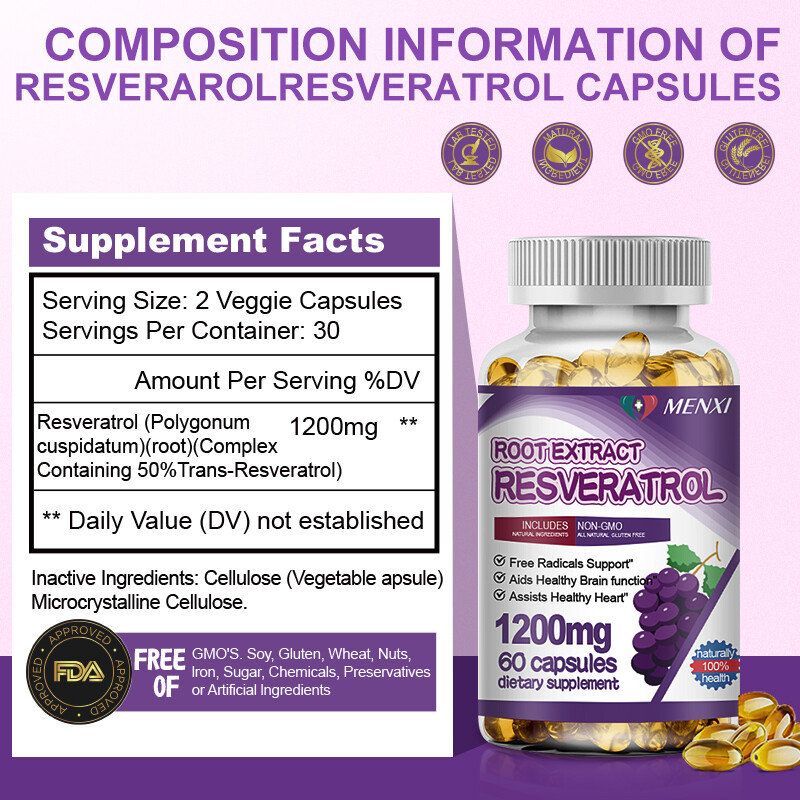 Resveratrol Capsules 1200mg Serving Vegan Capsules Anit-Aging and Cardiovascular