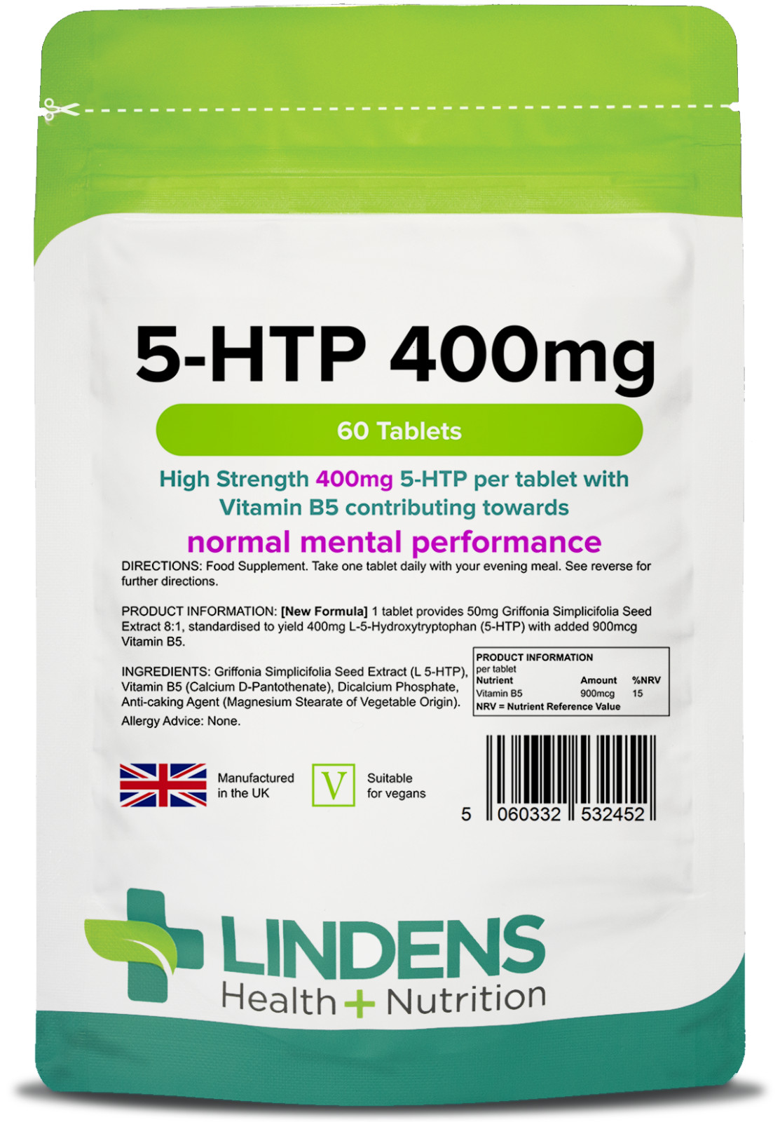 Lindens 5-HTP 400mg 2-PACK 120 Tablets 5HTP L-5-hydroxytryptophan Griffonia