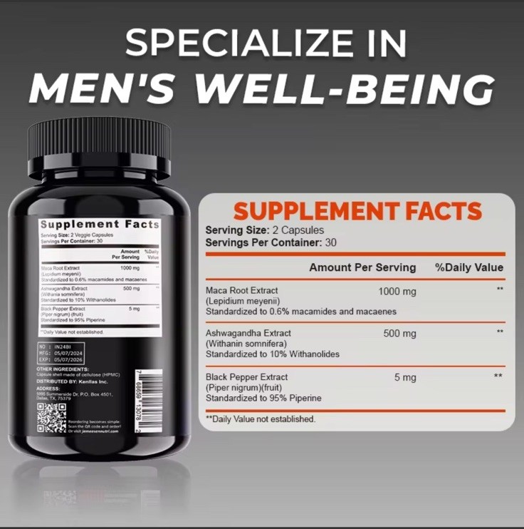 JEMEESEN Maca Ashwagandha Black Pepper 1500mg 60 Capsules Men’s Well-Being