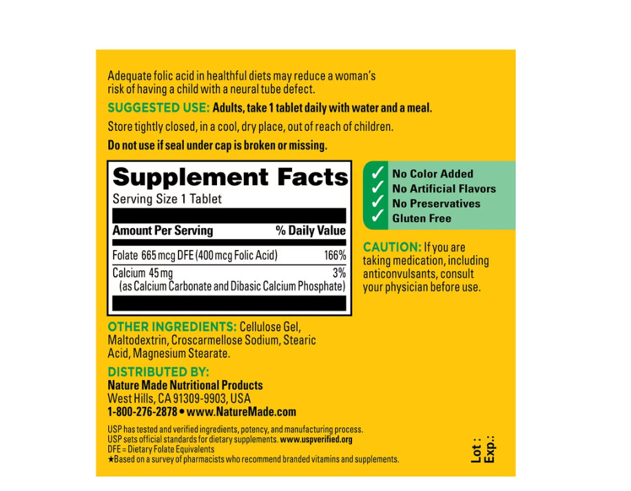 3 PACK Nature Made Folic Acid 400 Mcg (665 Mcg DFE) Tablets, 250 Count
