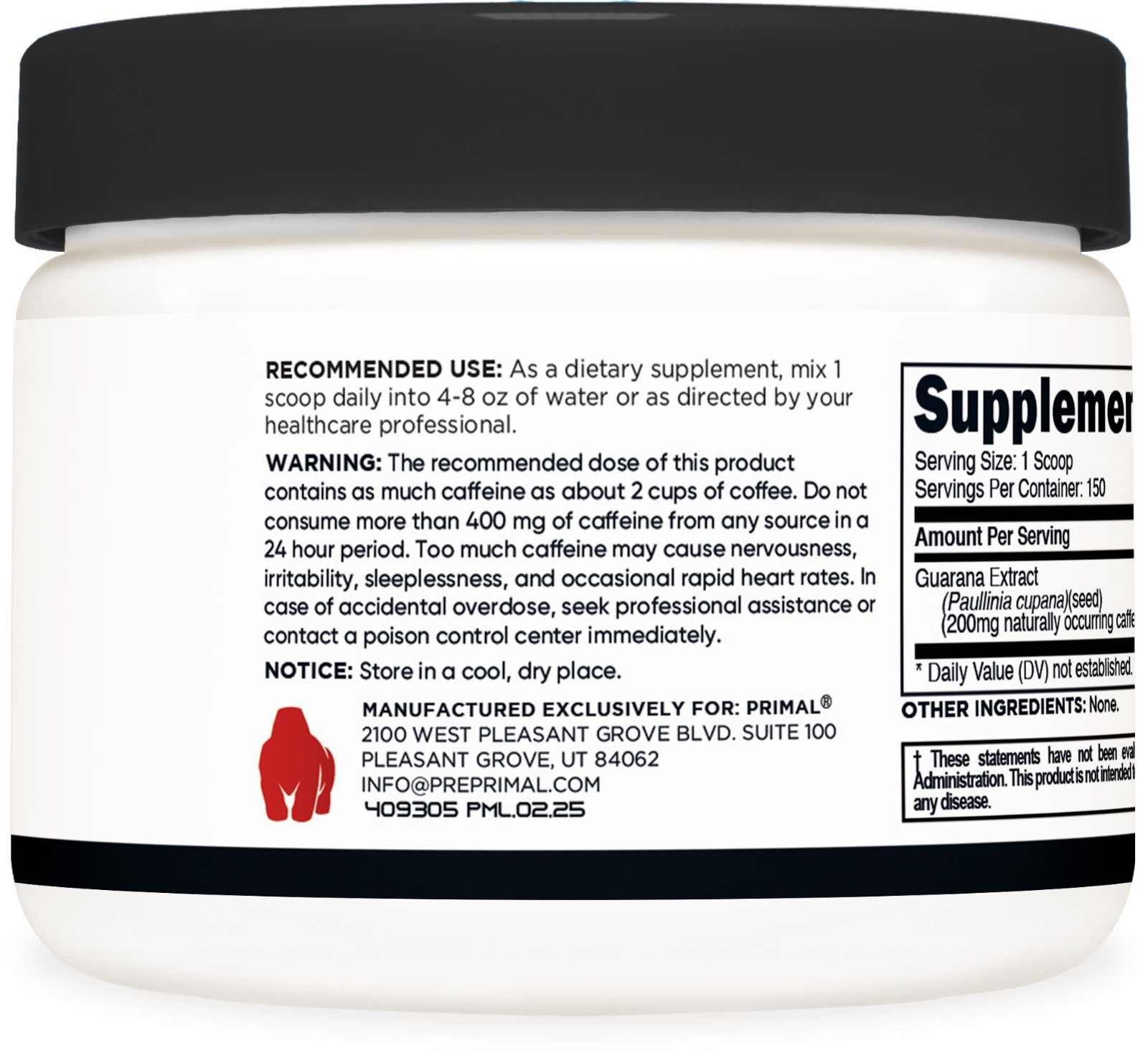 Primal Guarana Powder (150g) – 1,000mg Guarana Extract, 150 Servings