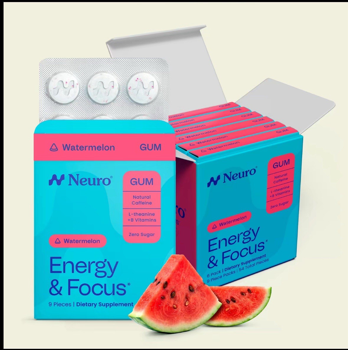 NEW FLAVOR Watermelon Neuro Gum L-theanine B-12 Caffeine Boost Energy & Focus
