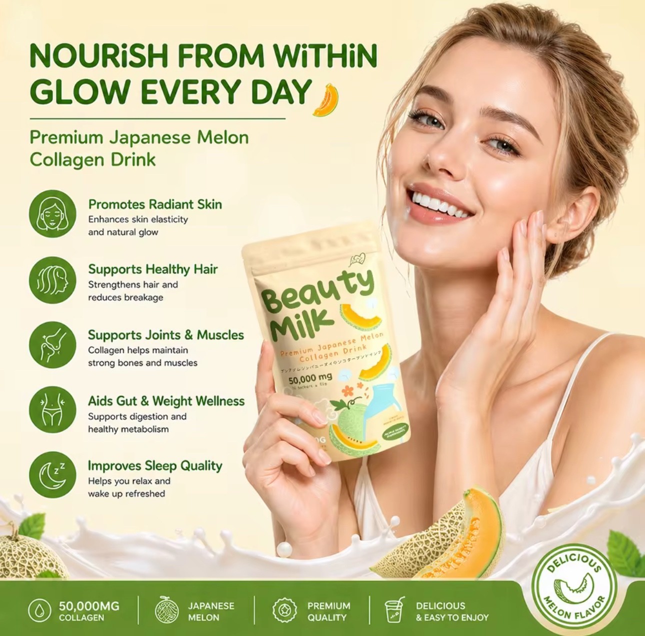 Beauty Milk Powder Skin Brightening Premium Japanese Melon Collagen Drink Whiten