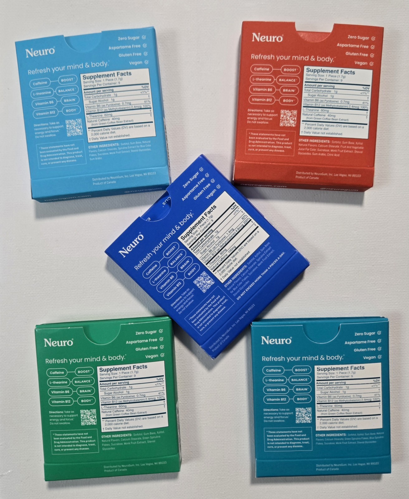 Neuro Gum L-theanine B-12 Nootropics Caffeine 5pk 45pcs Energy & Focus Variety