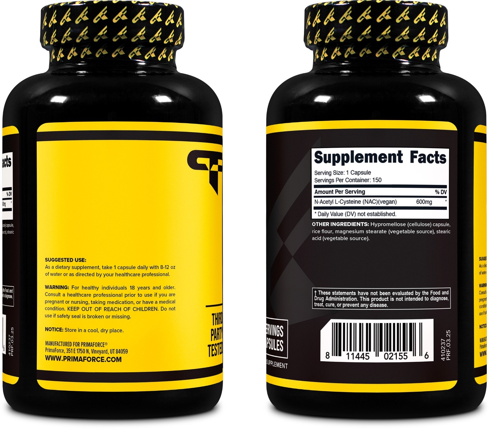 PrimaForce NAC Vegan N-Acetyl L-Cysteine Supplement (600 mg) 150 Capsules