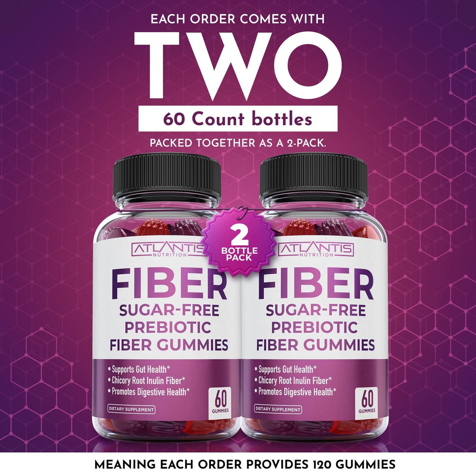 Atlantis Nutrition Sugar Free Fiber Gummies for Adults – 60 Count (Pack of 2)
