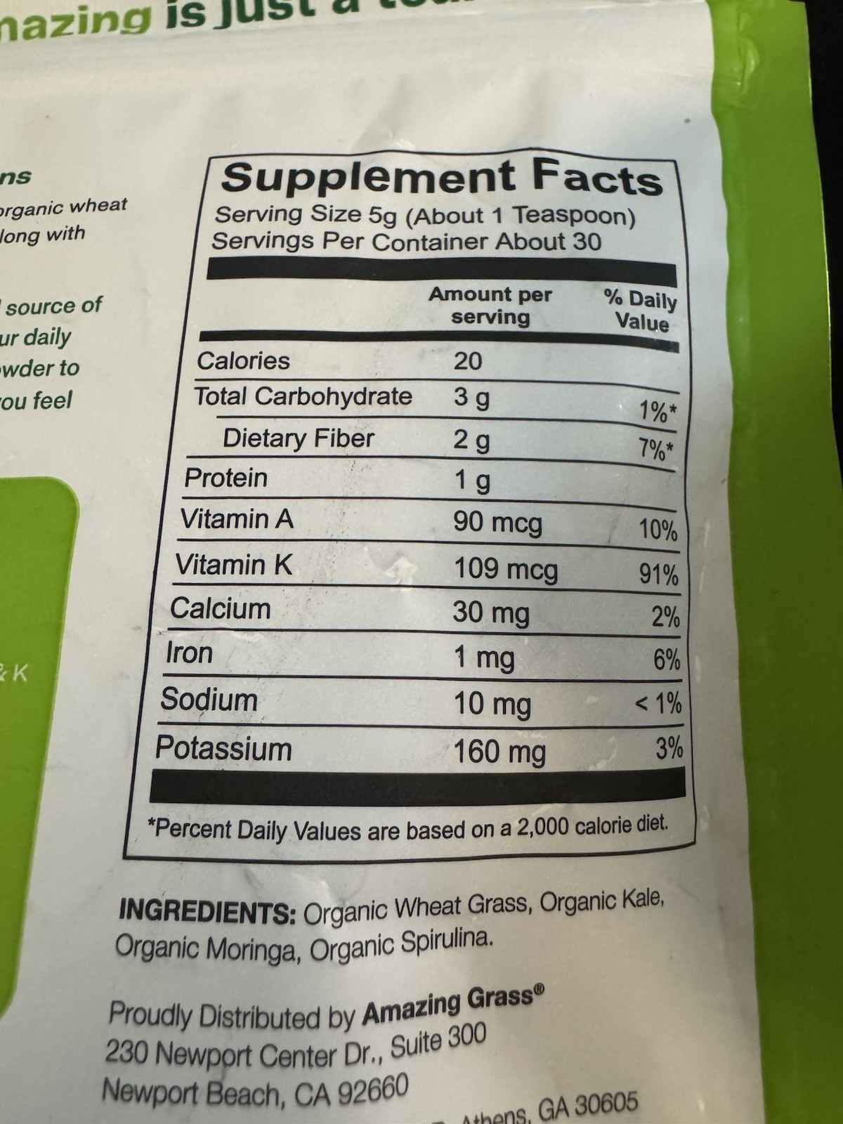 Amazing Grass Organic Supergreens Powder Wheat Grass Kale Moringa Spirulina 30