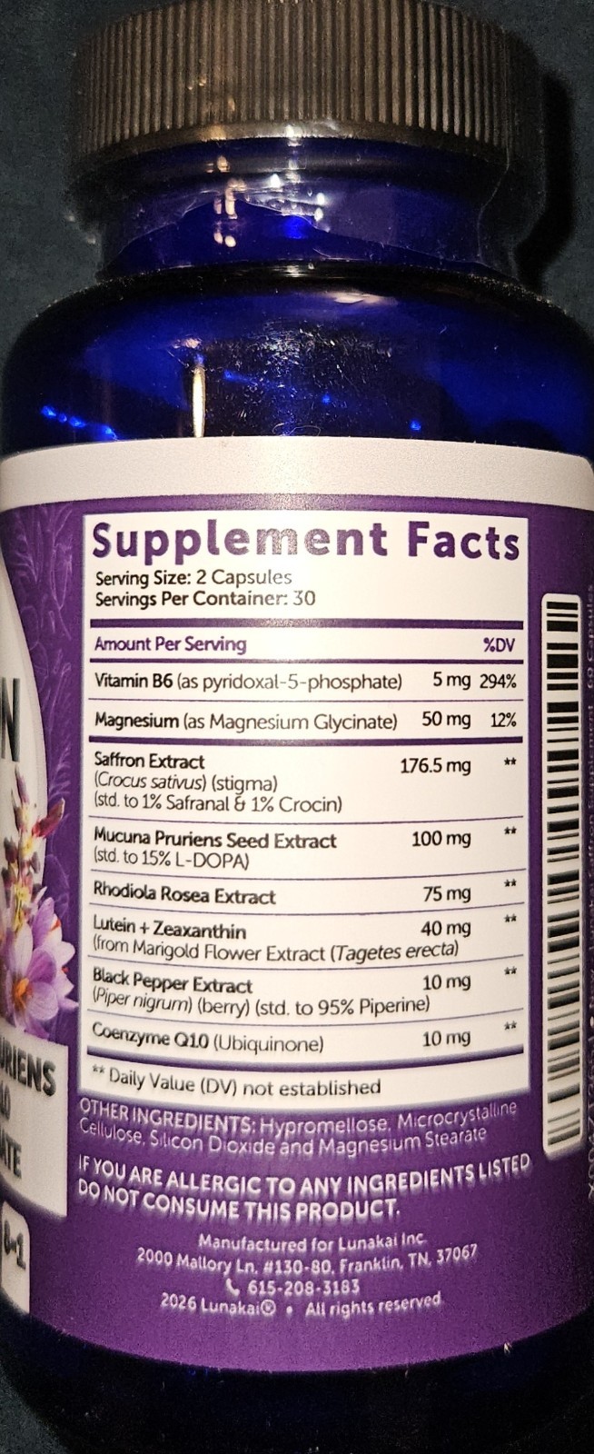 Lunakai USA Made Saffron Blend Extra Strength Supplements 8-in-1 Extract (60ct)