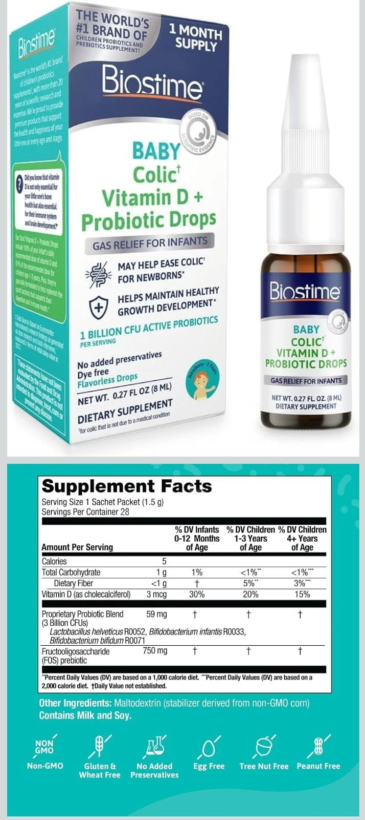 Biostime Baby Colic Vit D3 + Probiotic Drops Flavorless Non-GMO .27oz Exp 06/27