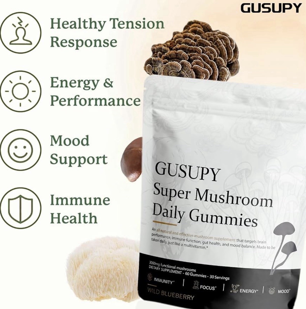 GUSUPY Super Mushroom Daily Gummies Wild Blueberry 60ct 300mg GF Exp 12/2027