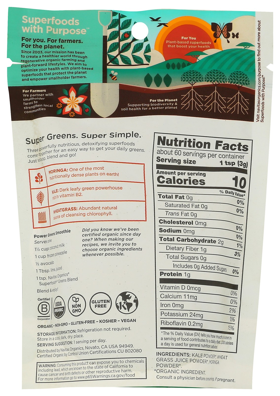 Organic Superfood Greens Blend By Navitas Organics 6.3 Oz Powder 6 Pack