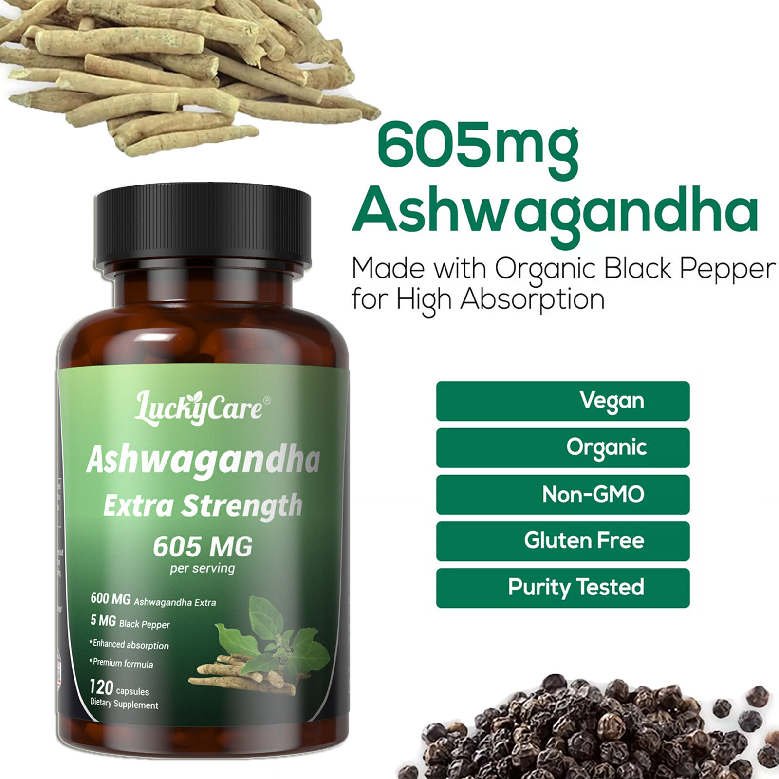 Organic Ashwagandha Capsules 605MG with Black Pepper Root Powder 120 Capsules