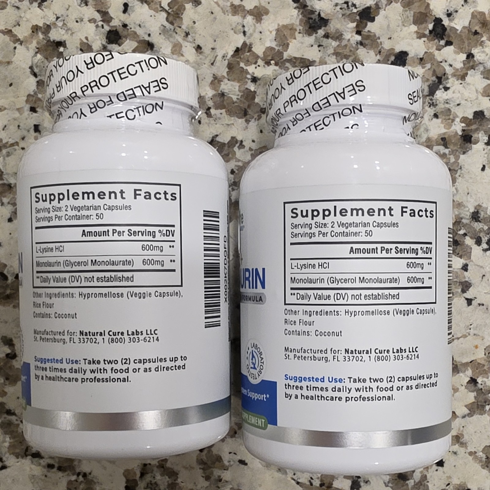 Natural Cure Labs L-Lysine HCl + Monolaurin 600mg 100 Caps- 2 Bottles