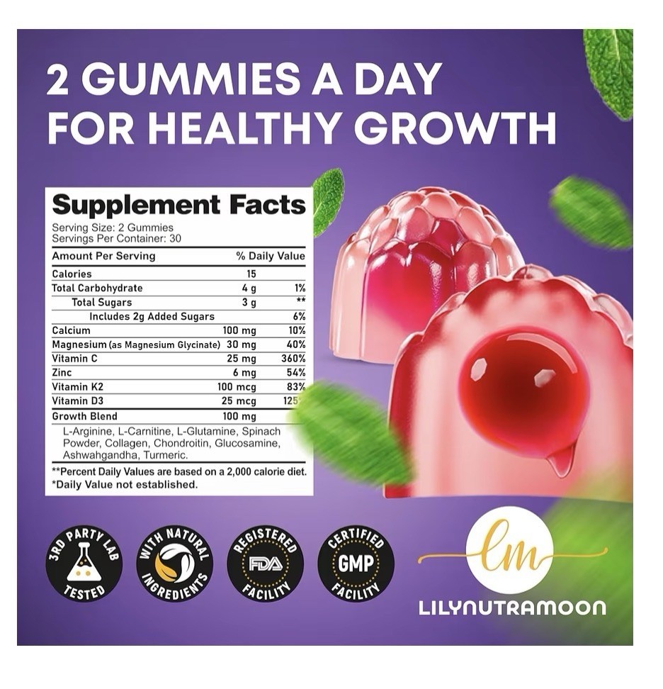 LM LILYNUTRAMOON Height Growth Gummies for Kids & Teens Strong Bones 60 Gummies