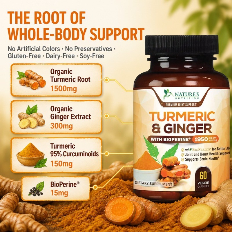Turmeric & Ginger 1950mg 60/120 Caps Supports Joint, Brain & Heart Health