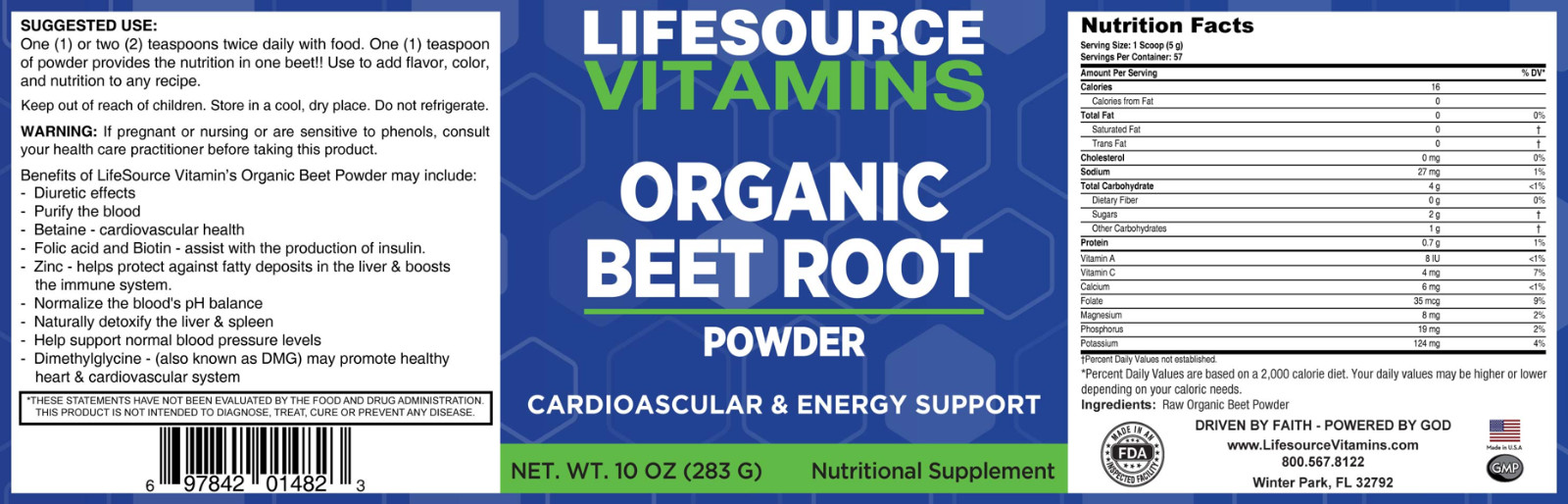 LifeSource Vitamins BEET ROOT POWDER – ORGANIC – NON-GMO – 10 OZ