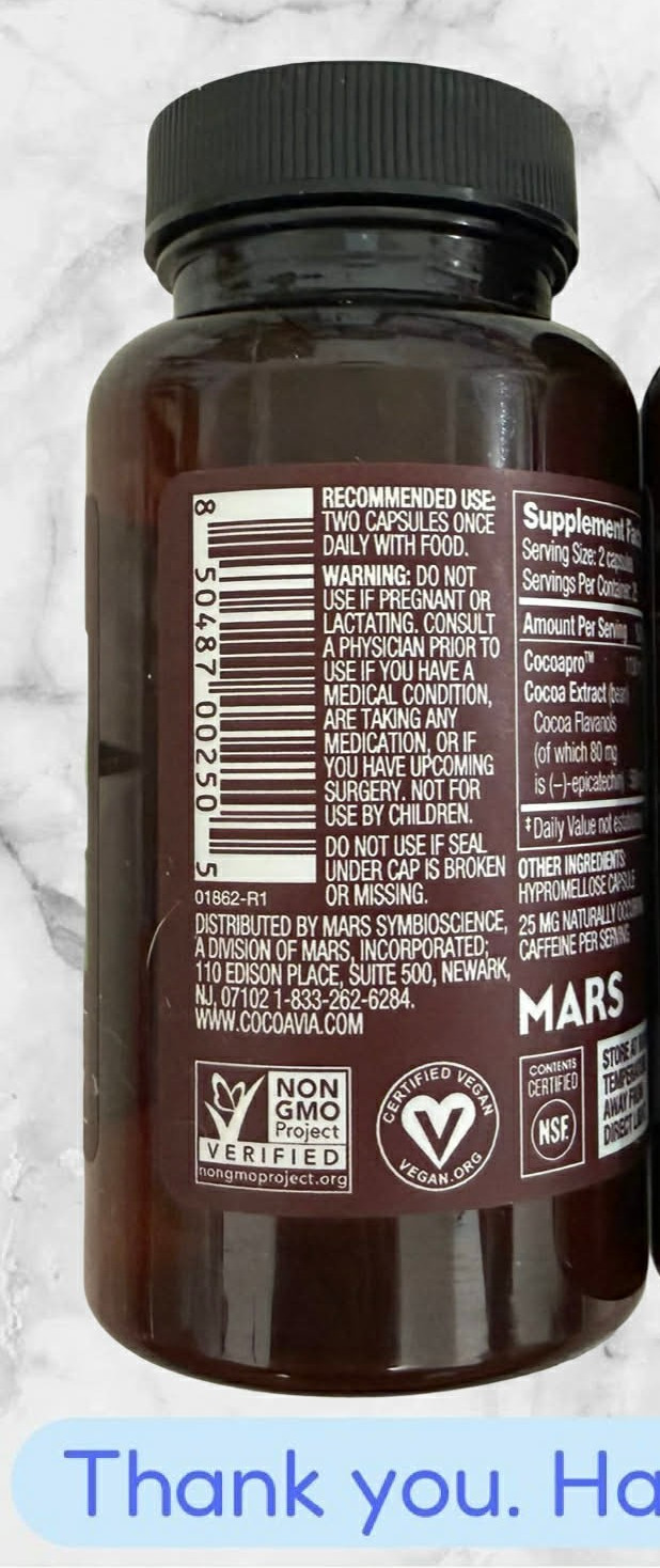 CocoaVia Flavanols 500mg 50 Capsules Cocoa Flavor Dietary Supplement EXP2028+NEW