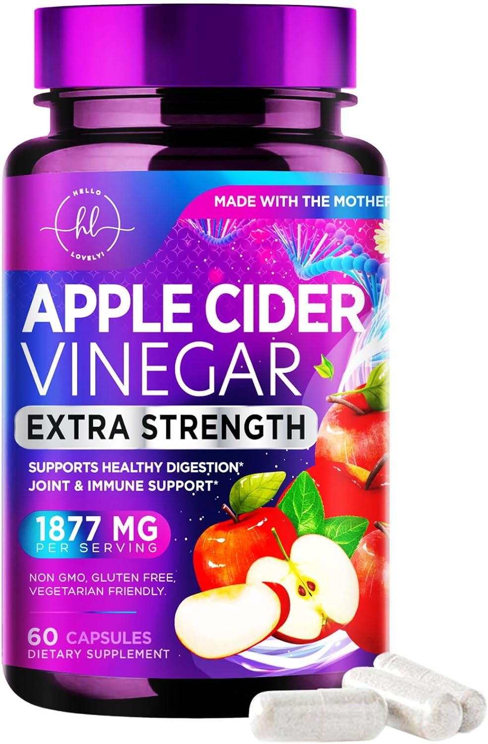 Apple Cider Vinegar 1877 mg Extra Strength ACV Pills with Vitamin D3 60 Capsules