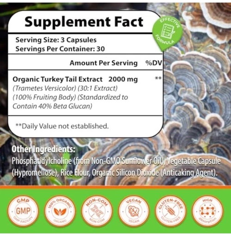 Liposomal Turkey Tail Mushroom Capsules, 2000MG Organic Extract for Immune