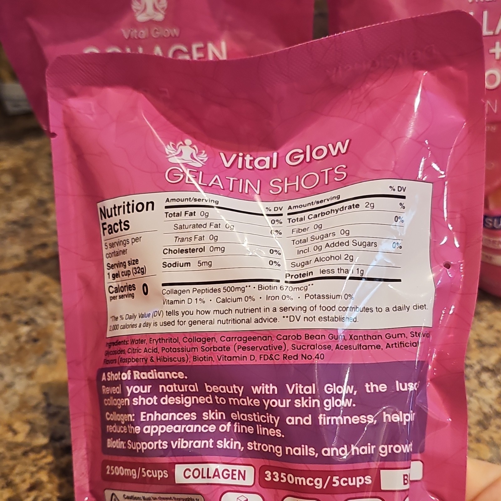 Vital Glow Collagen + Biotin Gelatin Shots Sugar-Free Raspberry Delight 5 Pack