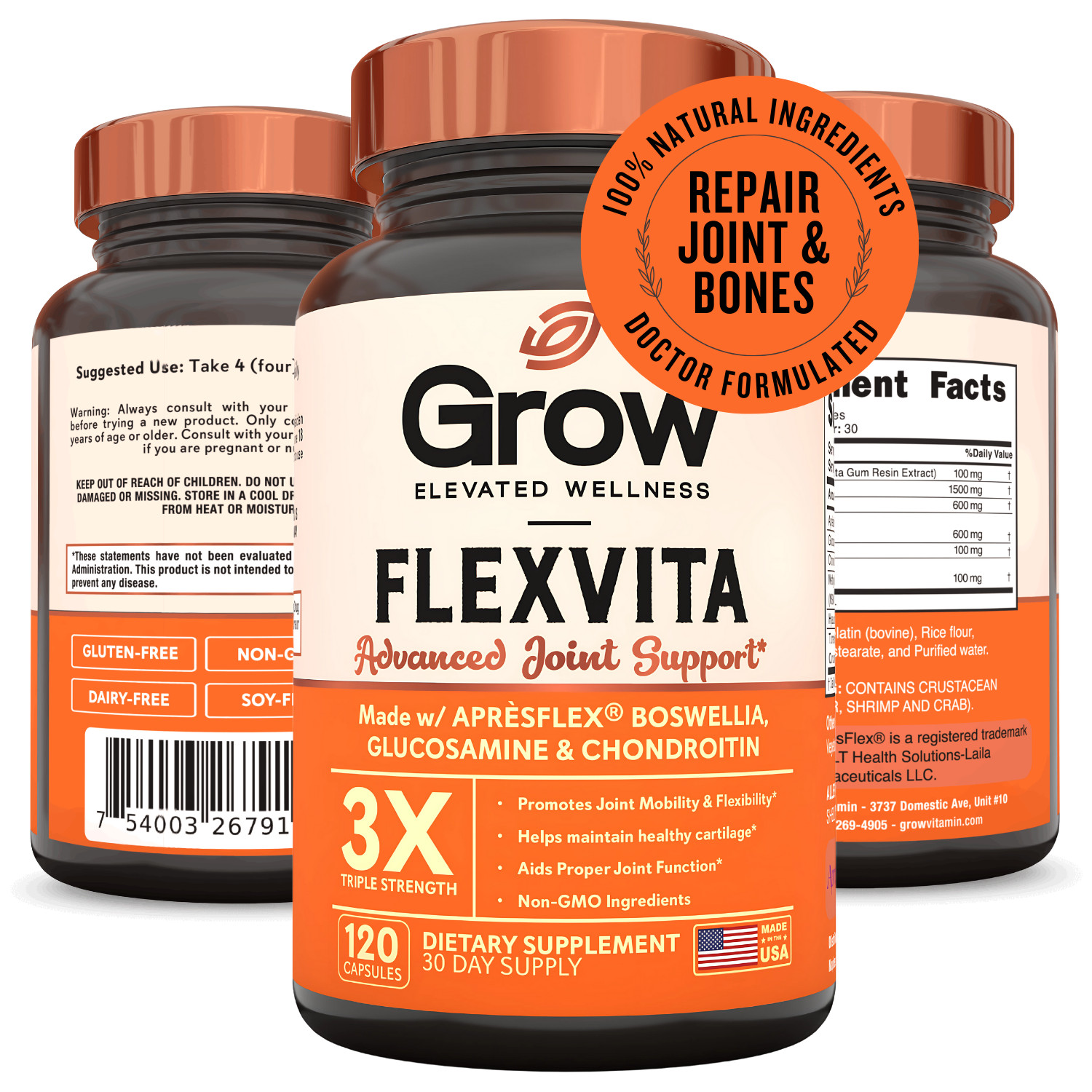 Grow FlexVita – Glucosamine Chondroitin MSM Turmeric Boswellia 120 Capsules