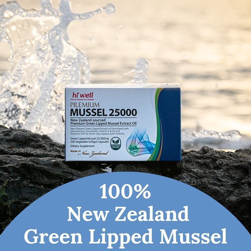 Hi well New Zealand Green Lipped Mussel Oil 25000 mg 200 Capsules Joint Support