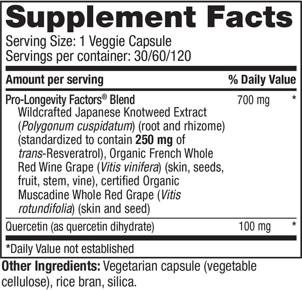 Reserveage Resveratrol 250 mg Dietary Supplement (120 Vegetarian Capsules)