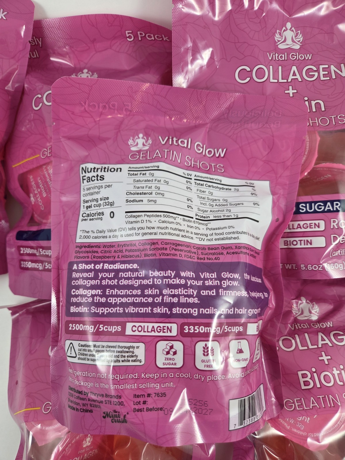 Lot Of 8 Vital Glow Collagen + Biotin Gelatin Shots 5 Pack Raspberry Zero Sugar