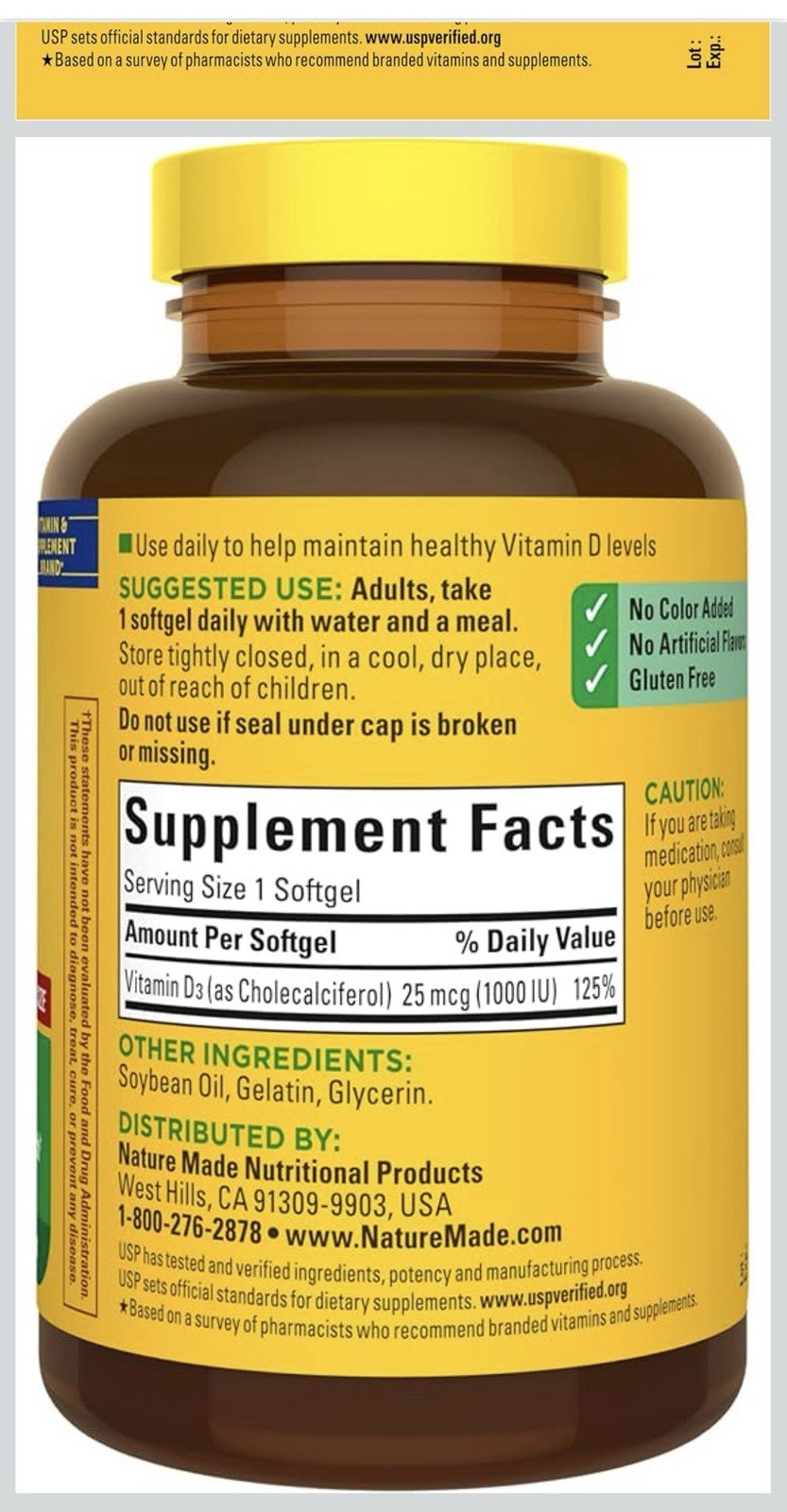 Nature Made Vitamin D3 1000 IU (25 mcg) 300 Softgels Gluten Free