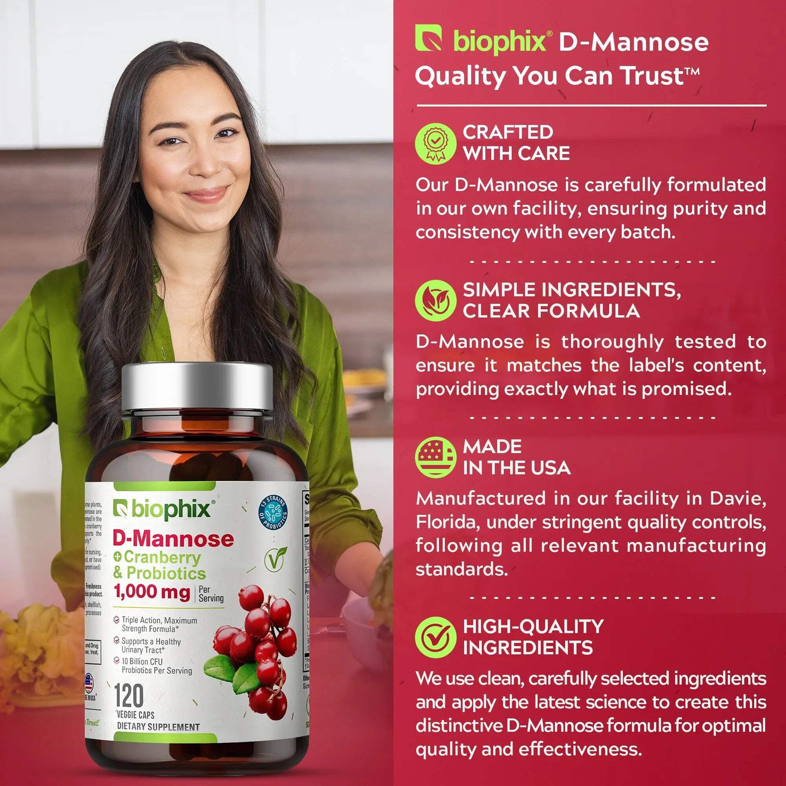 Biophix D-Mannose Plus Cranberry and Probiotics 1000 mg 120 Vegetarian Capsules