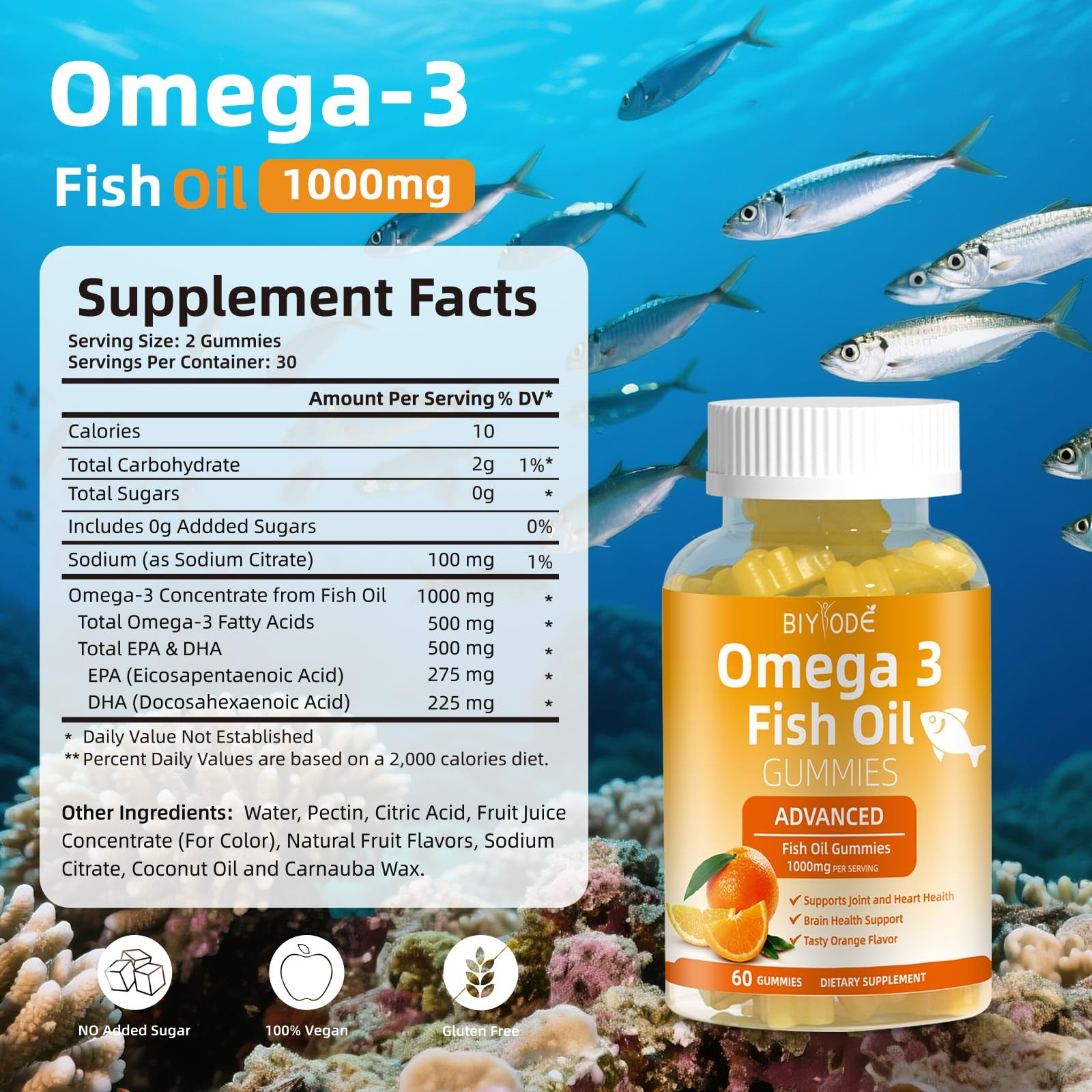 Omega-3 Fish Oil Supplements: Pure 1000mg 60 Count (Pack of 1), Orange