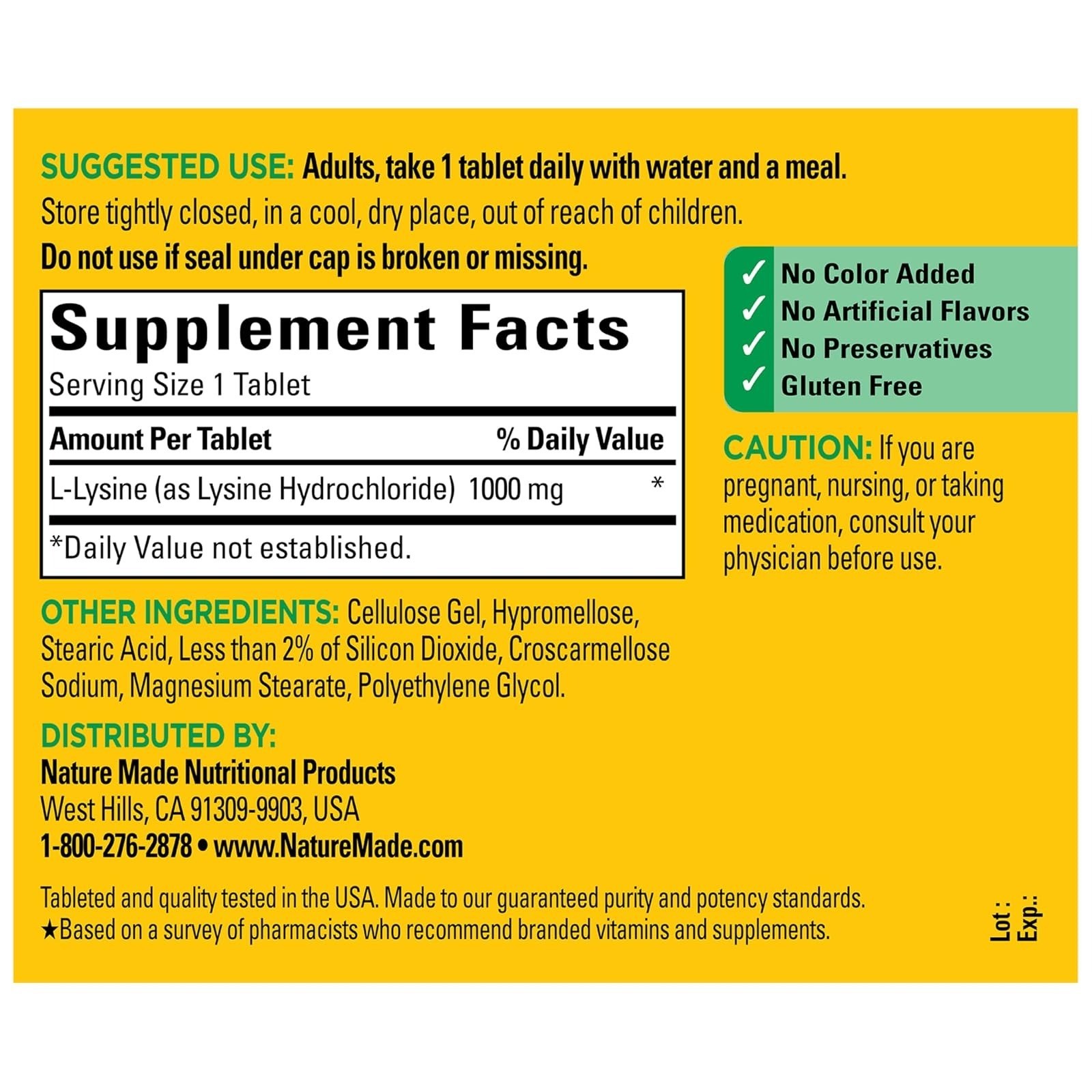 Nature Made L-Lysine 1000 mg Tablets, 60 Count, Gluten Free