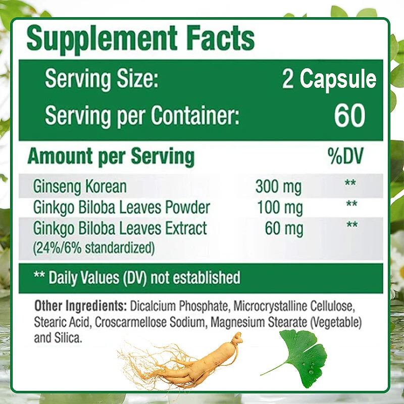 Ginseng + Ginkgo Biloba for Brain Function, Blood Circulation Vegan Capsules