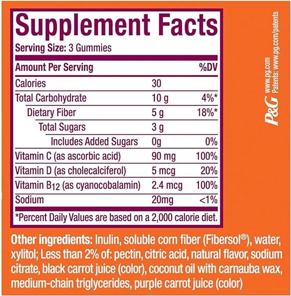 Fiber Gummies Supplement Free Sugar Plus Vitamins C, D, & B12, 120 Gummies