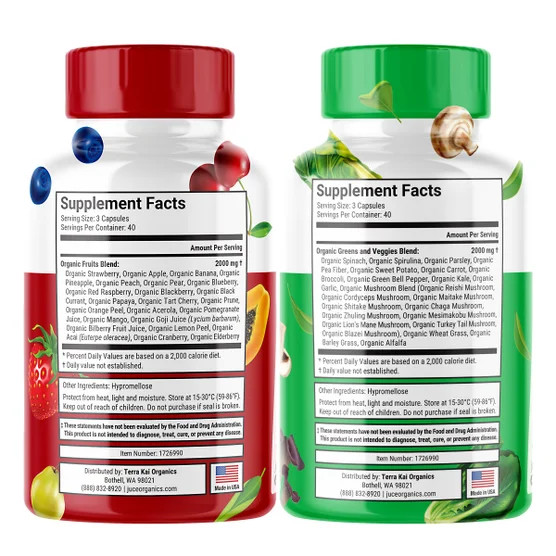 Terra Kai Juice Super Fruits Super Veggies Organic Capsules 240 count Exp-08/27