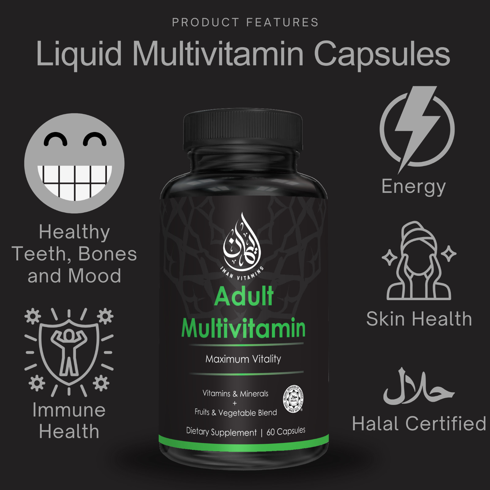 Iman Vitamins Halal Adult Multivitamin, Liquid Capsules, Iron, Zinc, CoQ10, 60