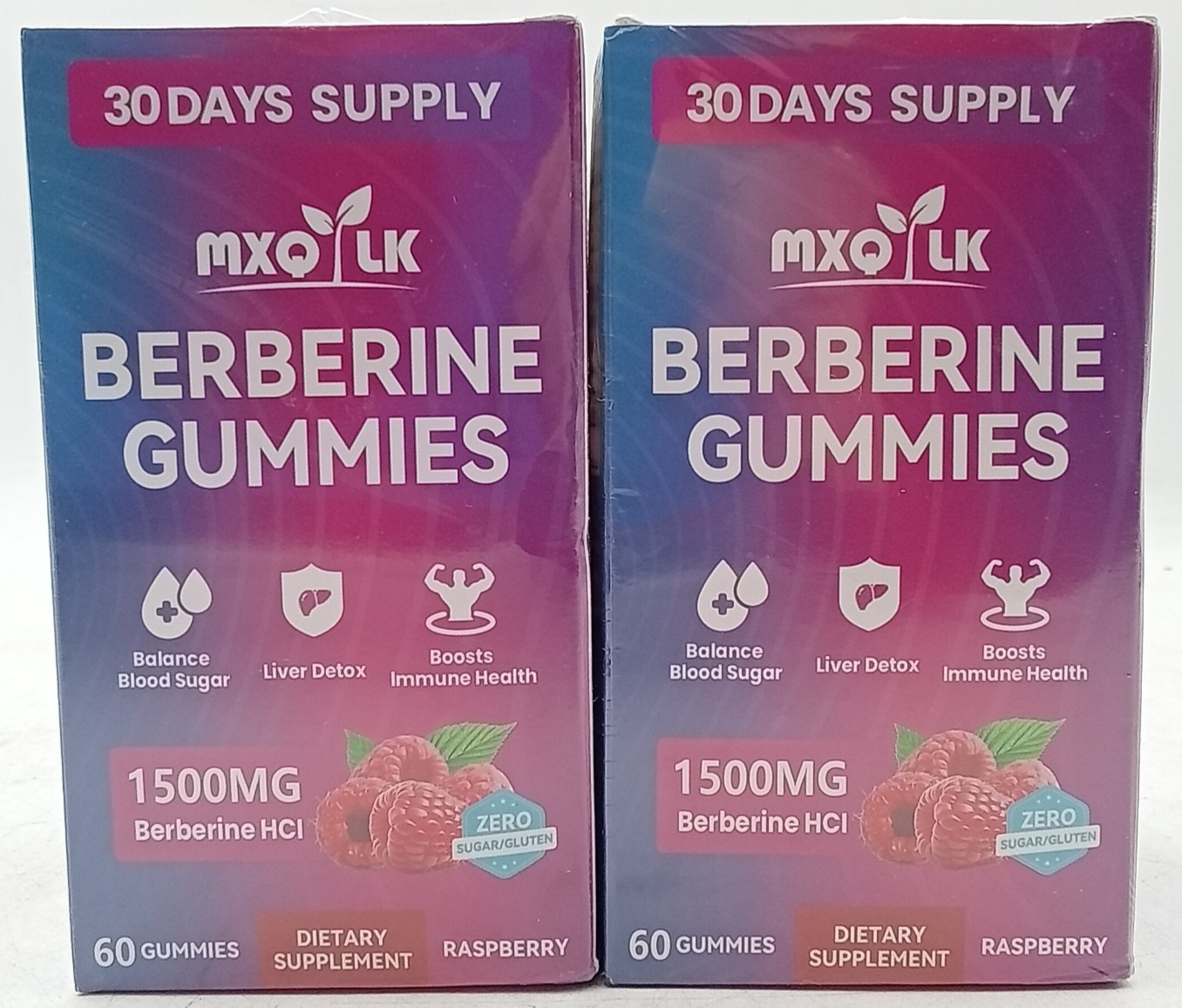 MXQ LK Berberine Gummies 1500mg 60 Raspberry Vegan Sugar Free Lot of 2