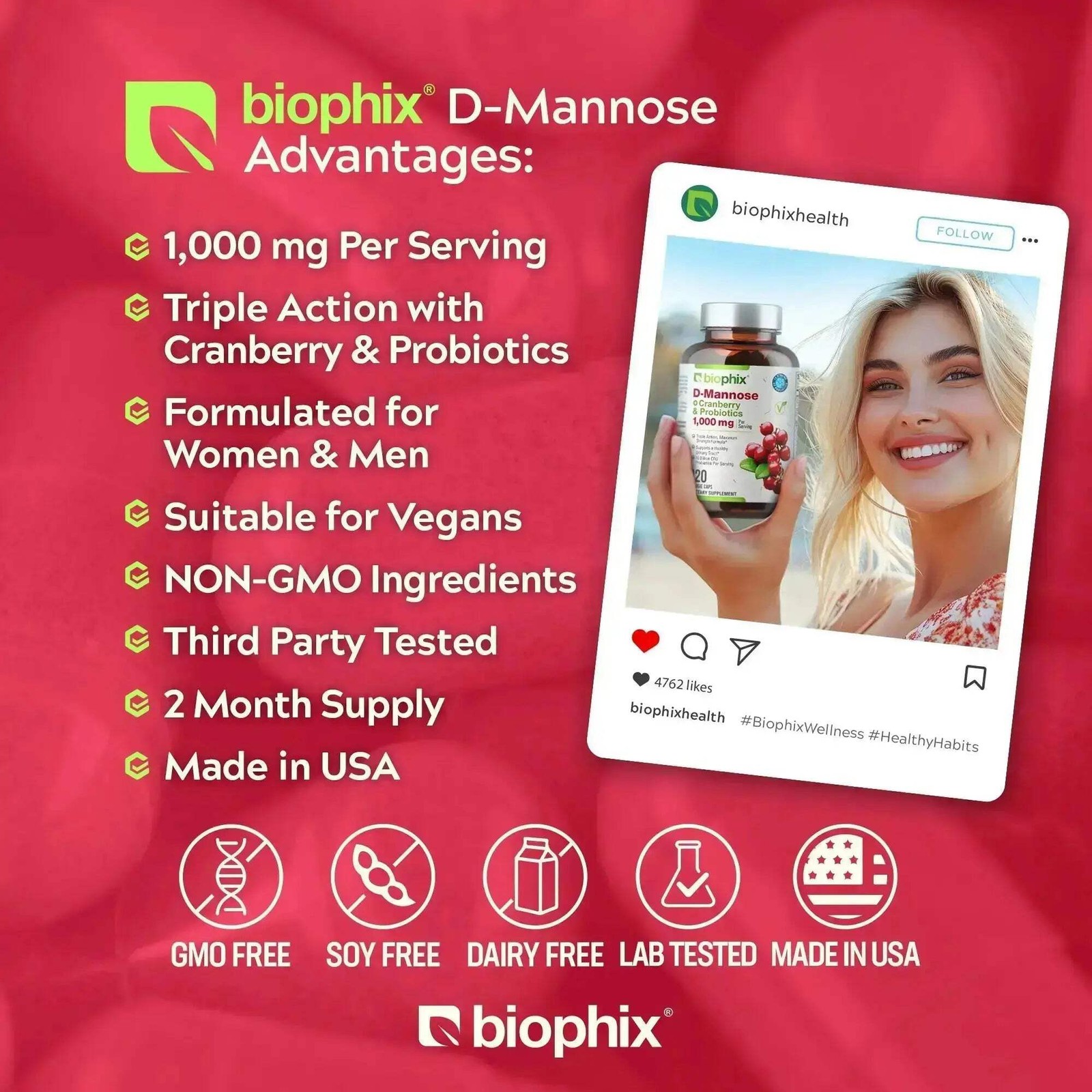 Biophix D-Mannose Plus Cranberry and Probiotics 1000 mg 120 Vcaps 2 Pack