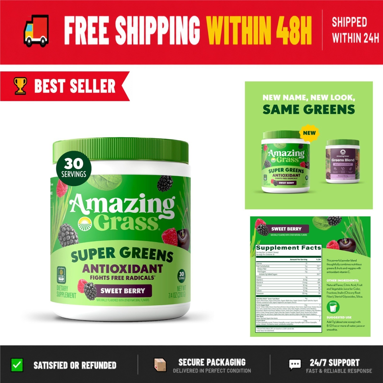Amazing Grass Super Greens Powder Antioxidant Blend, 30 Servings
