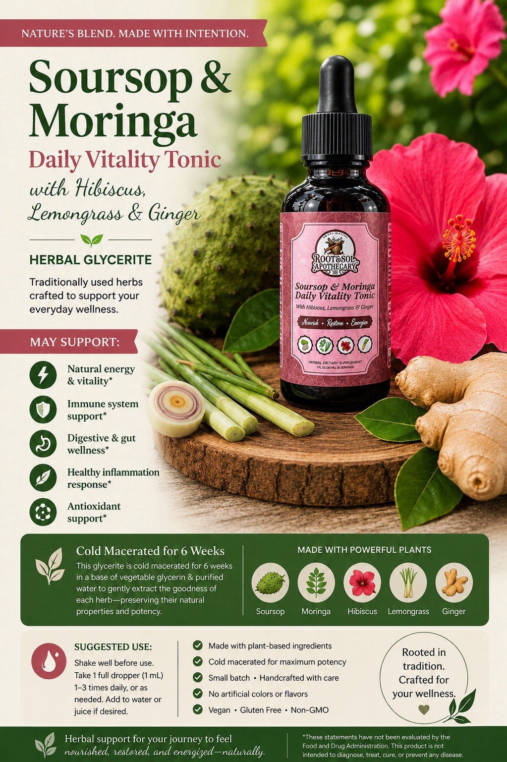 Root & Soil Apothecary Soursop Moringa Hibiscus Ginger Lemongrass Tonic 1 fl oz