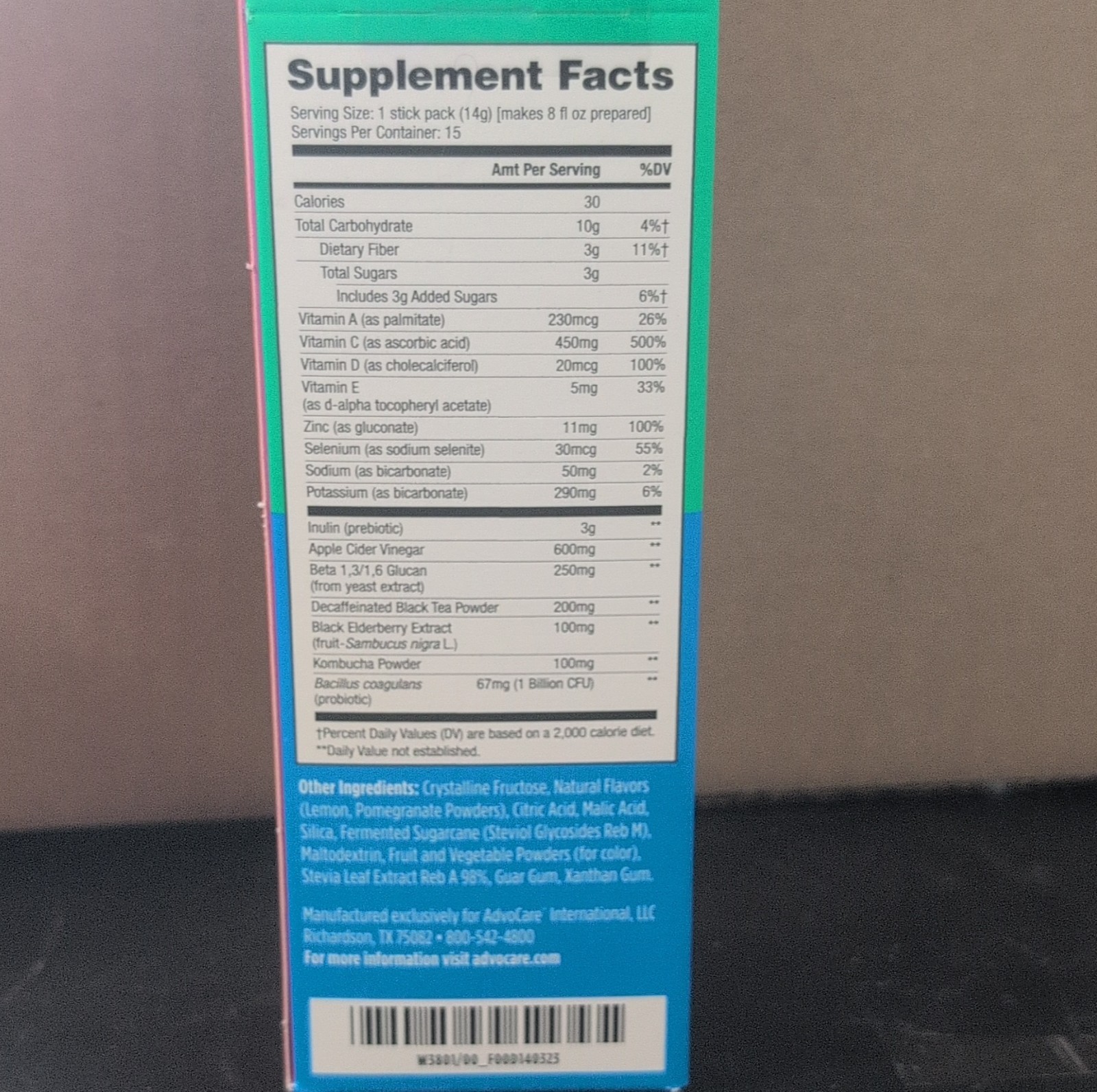 AdvoCare Harmony Kombucha Powder Pomegranate Lemonade 15 Pack Immune Support
