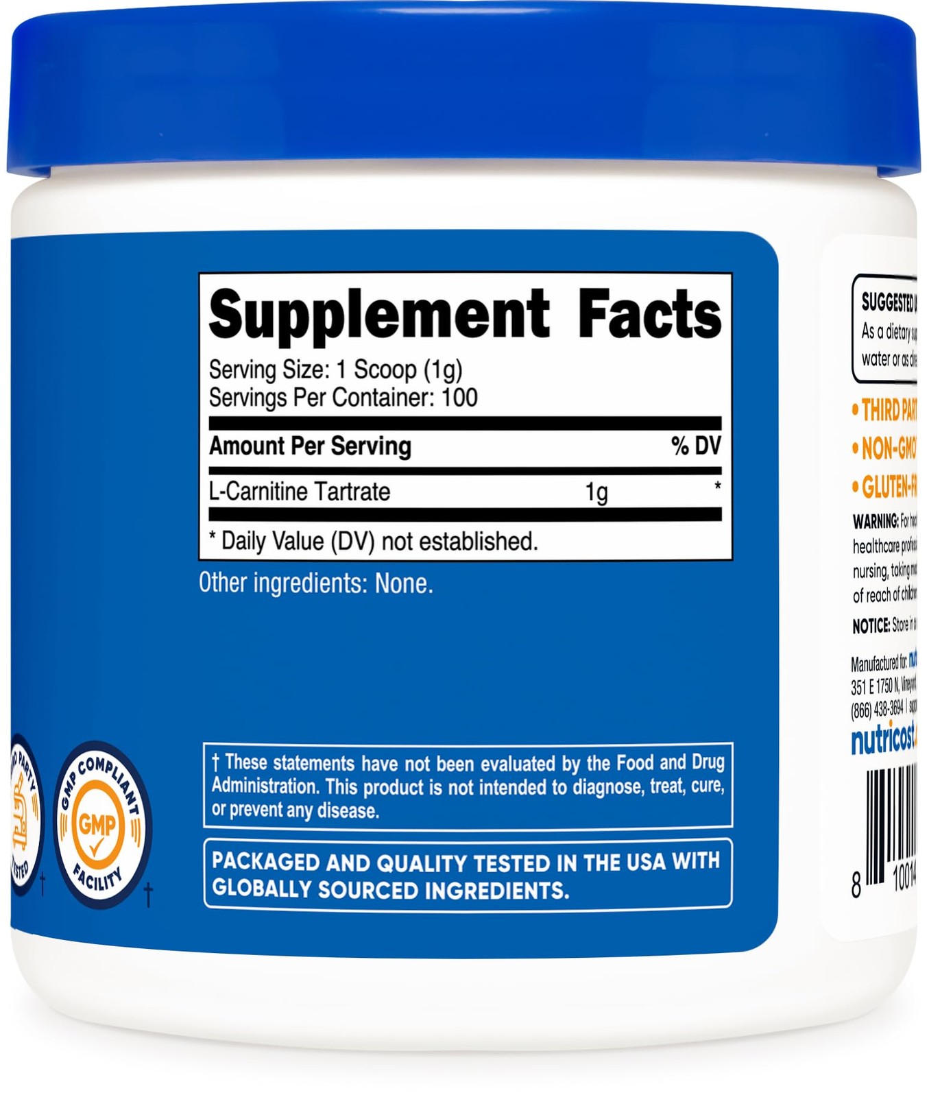 Nutricost L-Carnitine Tartrate Powder (100 Grams) 3.53 Ounce (Pack of 1), Red