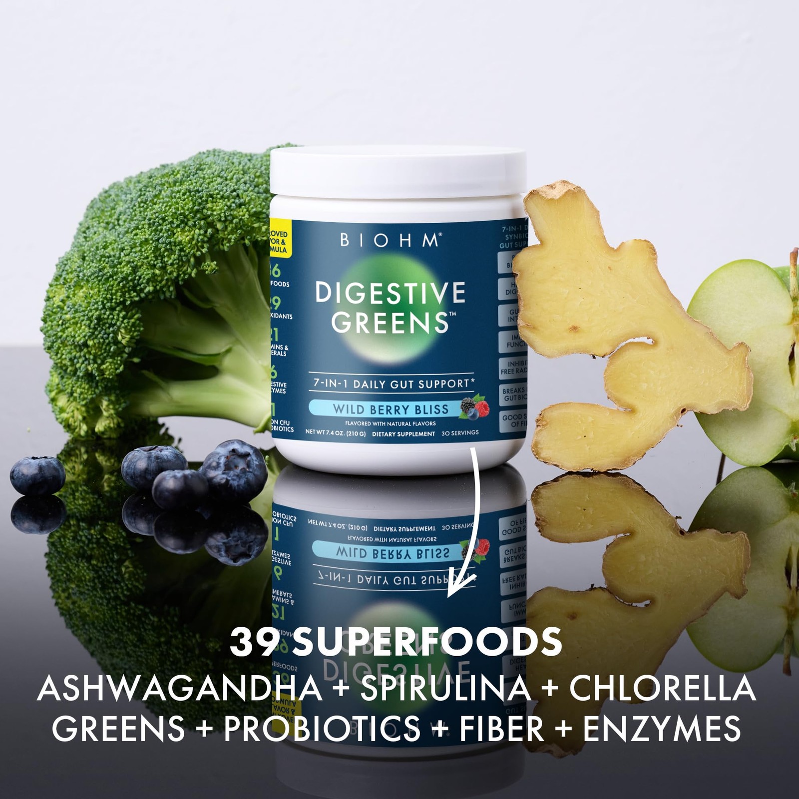 BIOHM Digestive Greens, Green Superfood Powder (7.4 Oz, 7.4 Ounce (Pack of 1)