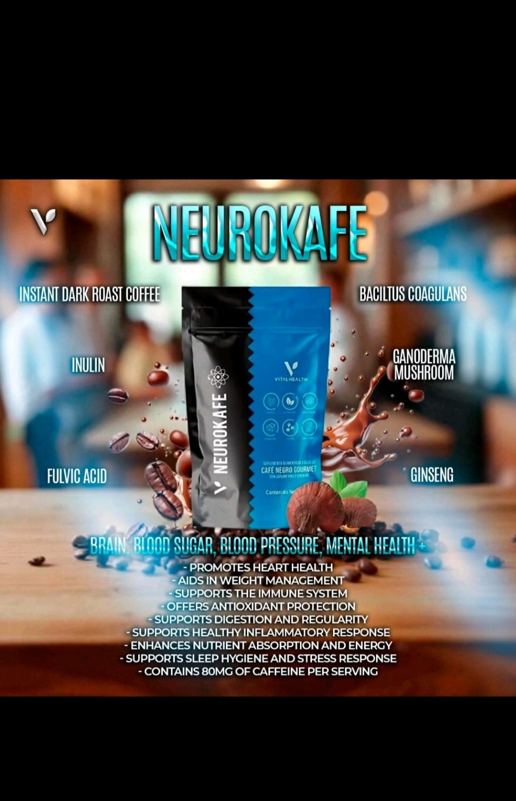 VitalHealth NeuroKafe Dark Roast Coffee Ganoderma Ginseng Keto Probiotic