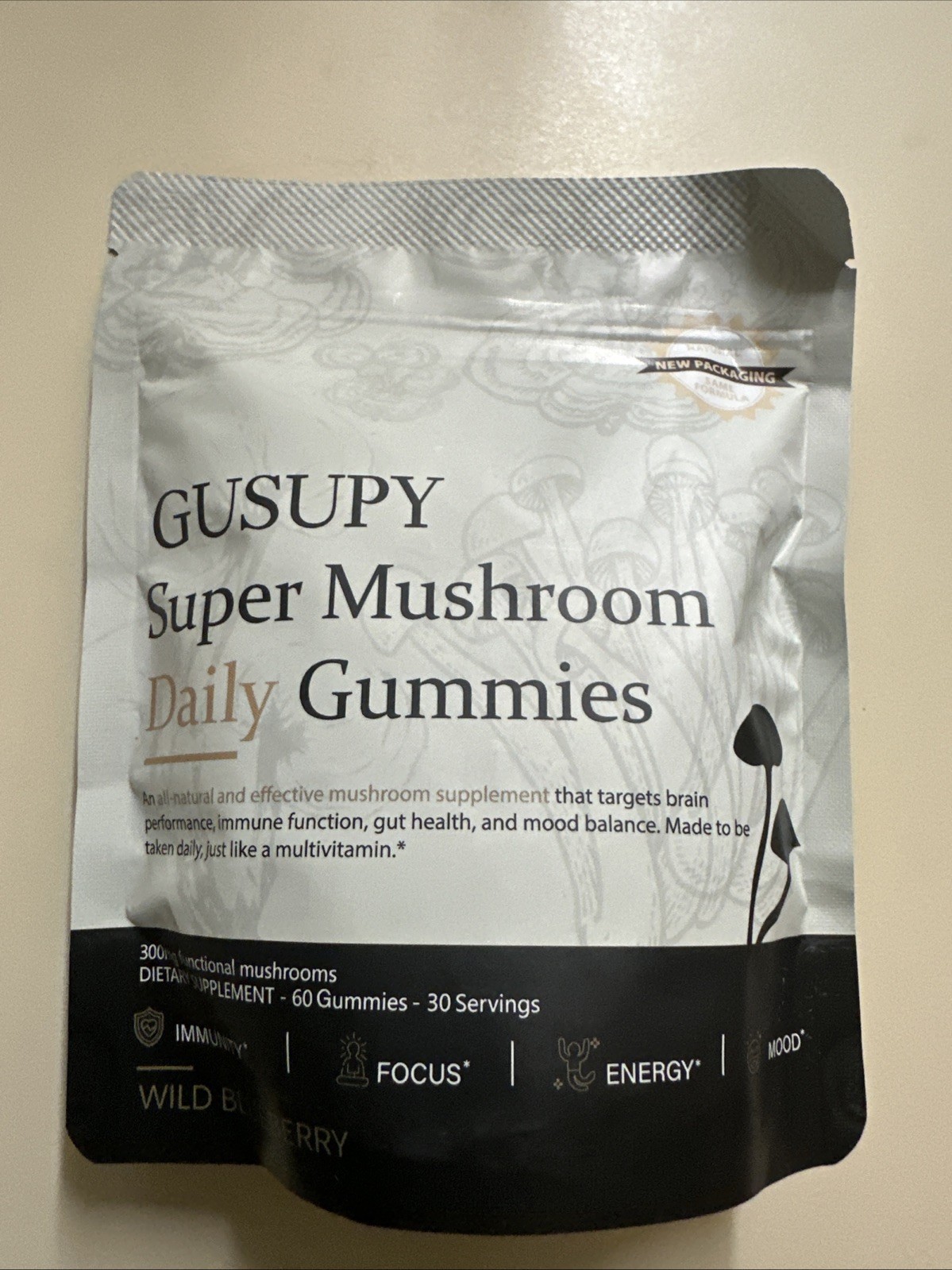 GUSUPY Super Mushroom Daily Gummies Wild Blueberry 60ct 300mg GF Exp 12/2027