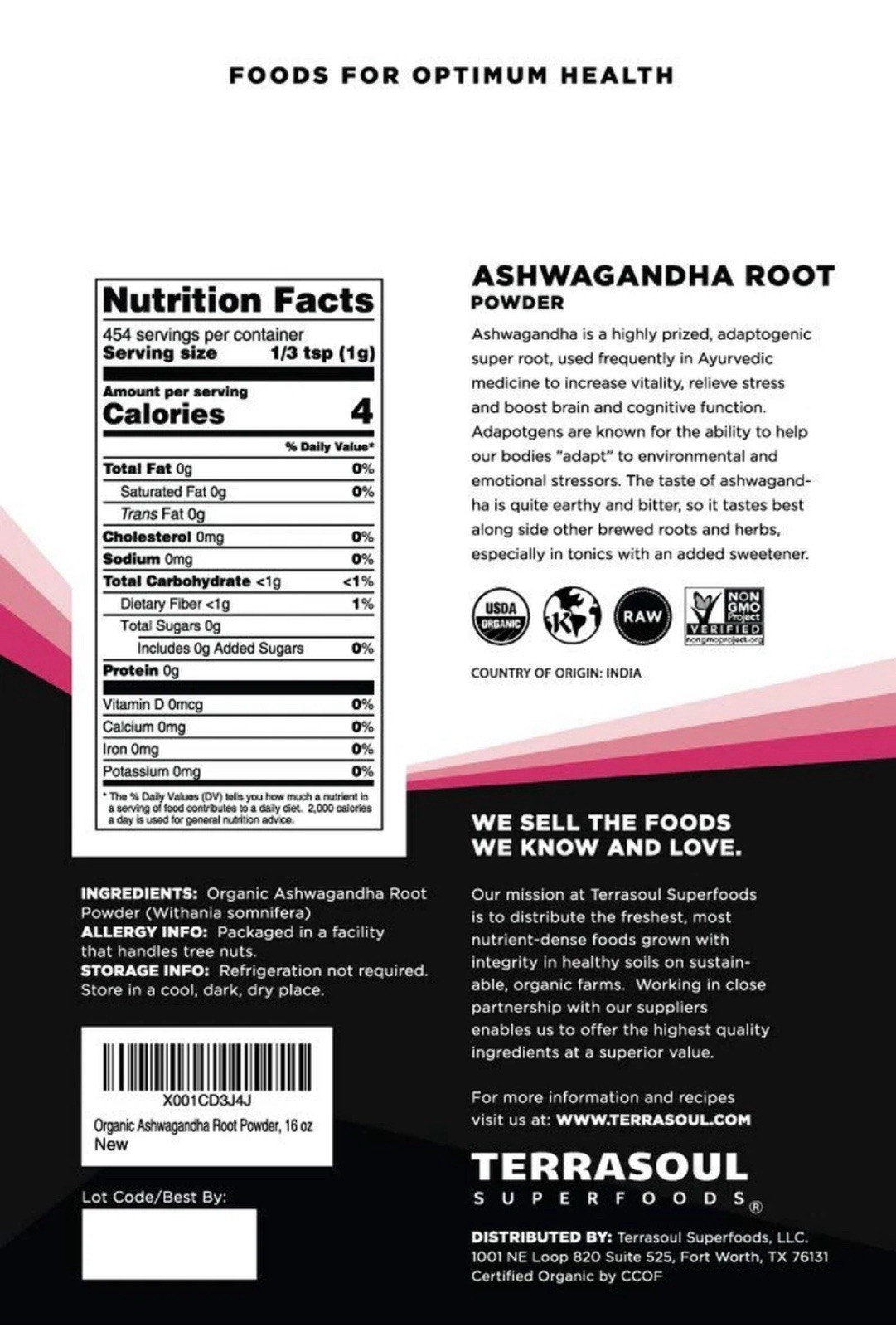 Organic No GMO Ashwagandha Root Powder Superfoods 6 oz Bag, 170G – Stress Adapt