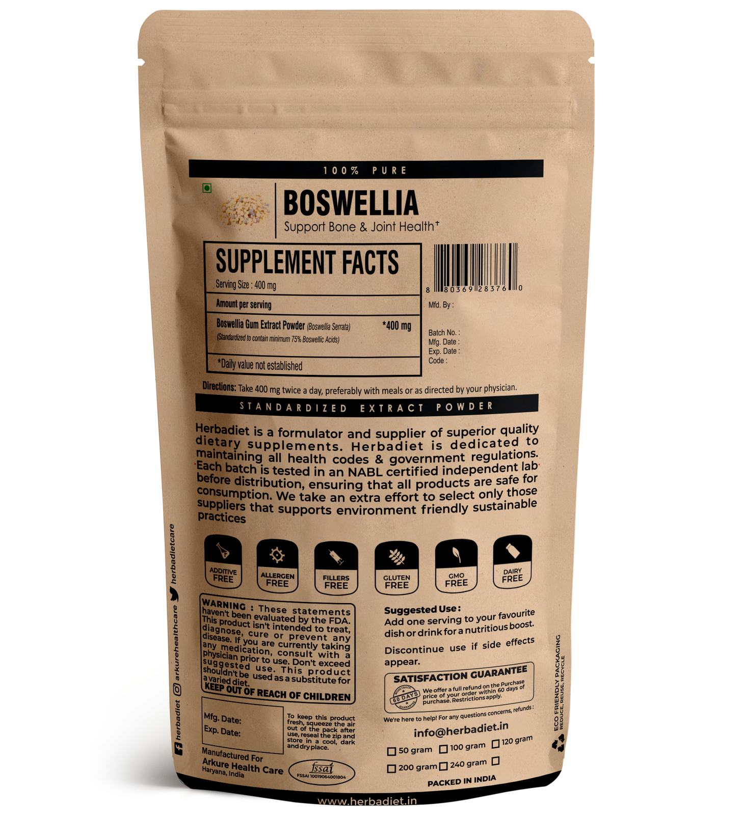 Boswellia Serrata Extract Powder 75% Joint Support Pain Relief, 100g Bulk